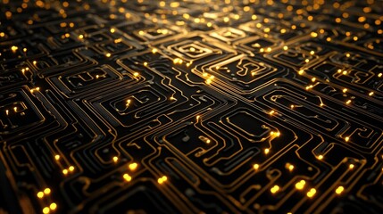 Abstract golden electronic circuit board with glowing lights background