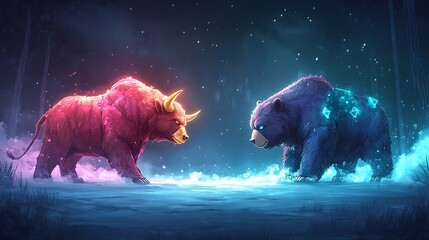 A futuristic financial scene featuring a golden bull and bear facing off against a dark crypto-themed backdrop