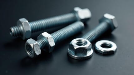 Close-up view of metallic fasteners, bolts, and nuts arranged on a dark surface, showcasing industrial hardware