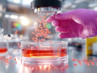 Red Spheres Being Dispensed Into Petri Dish in a Laboratory Setting