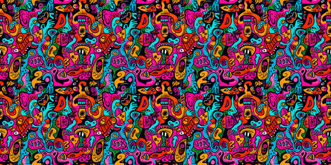 Fototapeta premium Cartoon hand-drawn doodles on the subject of summer holidays theme seamless pattern