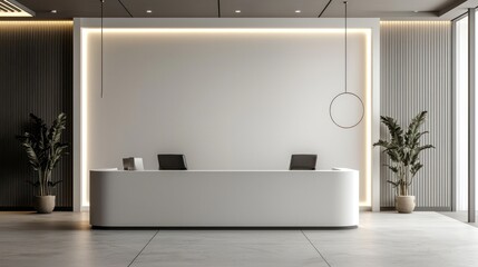 3D presentation of office reception with matte neon white walls and soft lighting, ideal for business showcases.