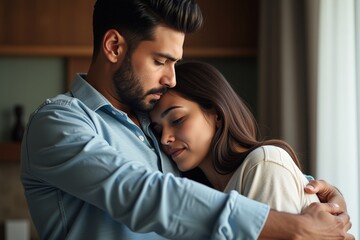 A Tender Moment of Connection Between a Young Couple Embracing in a Cozy Indoor Setting, Capturing Emotion and Intimacy in Their Relationship