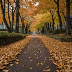 "A peaceful maple tree-lined path covered in a thick carpet of fallen leaves, with a soft autumn breeze rustling the branches."
