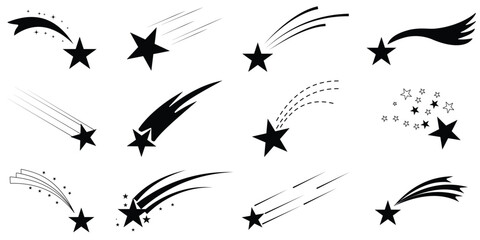 Shooting stars icons, flying star with comet tail, set of falling star with trails, vector.  silhouette shooting star icon