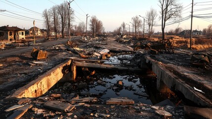 Devastated urban landscape after disaster, showcasing destruction and desolation along a road