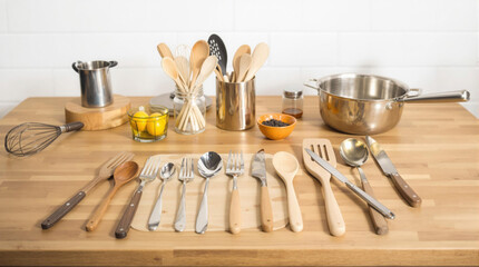 Complete Kitchen Equipment on Wooden Table