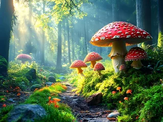 Fairy tale mushrooms forest path sunlight