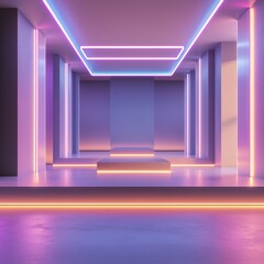 Fototapeta premium Modern room with neon lights and soft lighting, ideal for virtual product showcases in a sleek, minimal space.