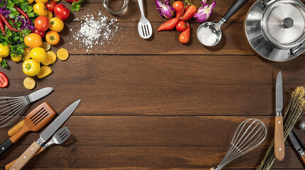 Cooking Utensils on a Wooden Background