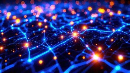 Obraz premium Glowing blue and orange abstract network with interconnected nodes