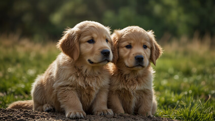 Two golden retriever puppies lie side-by-side in the grass. The dogs are both looking forward with inquisitive expressions.