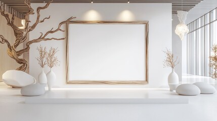 Blank white canvas framed in driftwood, illuminated softly in a modern gallery with minimalist design and simplicity.