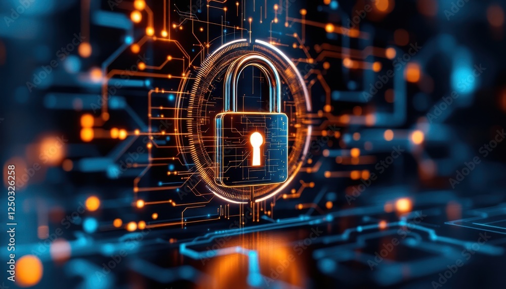 Poster digital security concept with glowing lock and circuit patterns