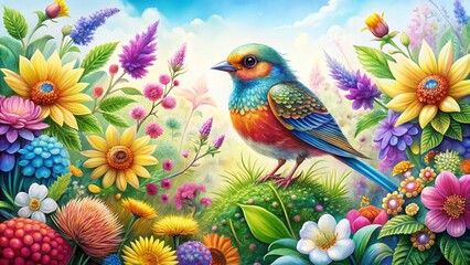 Fototapeta premium Whimsical Doodle Bird in a Dreamy Garden - High-Resolution Stock Photo