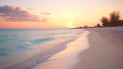 Fototapeta premium Serene beach at sunset with gentle waves and soft sand.