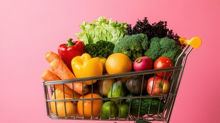 Colorful grocery cart filled with produce against pink background