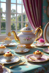 Teapot with teacups,  Elegant tea set with golden details, floral design, luxury ambiance, sunlight, afternoon tea
