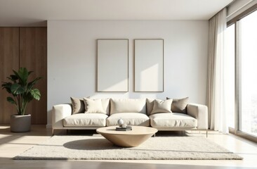 Living room interior design in modern style with white sofas and coffee table. High quality photo