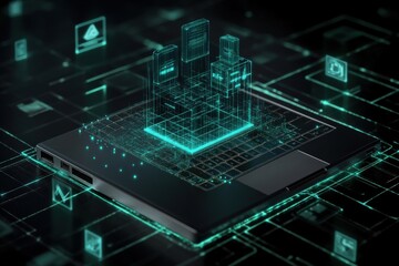 Futuristic Laptop with Abstract Data Visualization and Architectural Elements