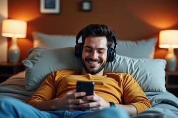 Fototapeta premium A Relaxed Young Man Enjoys Music on His Smartphone While Reclining Comfortably on a Couch in a Warmly Lit Room