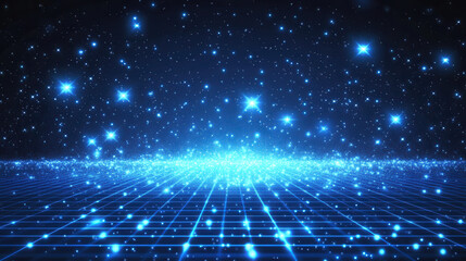 Obraz premium Blue digital grid background with glowing stars and particles, a futuristic technology concept