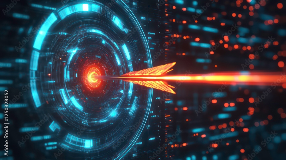 Poster futuristic digital target concept with glowing arrow striking the center, representing precision and