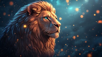 Naklejka premium A financial powerhouse featuring a golden lion head emerging from a black and gold Bitcoin market backdrop