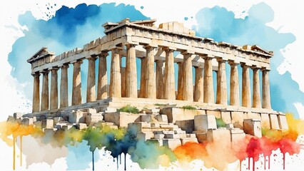 Obraz premium Watercolor illustration of the Parthenon in Athens, Greece