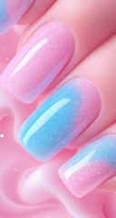 Obraz premium A stunning pastel ombre nail design blending pink and blue shades seamlessly with a glossy, sparkling finish. Ideal for beauty advertising, social media content, and nail salon promotions.