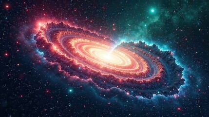 Obraz premium A vibrant cosmic nebula showcases swirling gases and radiant energy, a celestial masterpiece of color and light, a breathtaking display of interstellar phenomena.