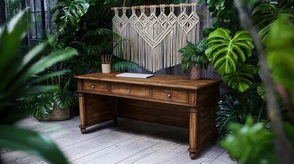 Elegant wooden desk in a lush green indoor garden with macram? wall art and stationery