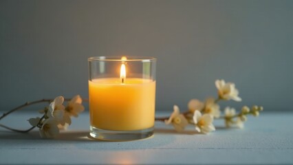 A single lit candle in a glass holder sits peacefully amidst delicate white blossoms on a pale surface.