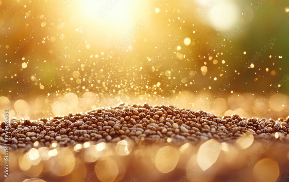 Poster chia seeds glisten under sunlight, creating warm and inviting atmosphere. soft bokeh effect enhances