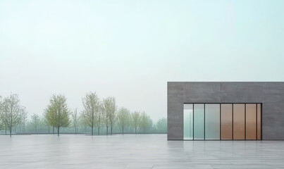 Modern architectural structure surrounded by trees on a misty day in an urban setting