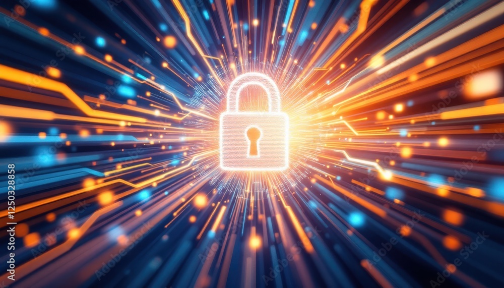 Poster glowing lock symbol amidst dynamic digital circuit lines illustrating cybersecurity