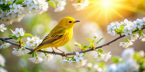 Fototapeta premium Yellow Warbler on White Spring Blossoms, Ottawa, Canada - Panoramic Nature Photography