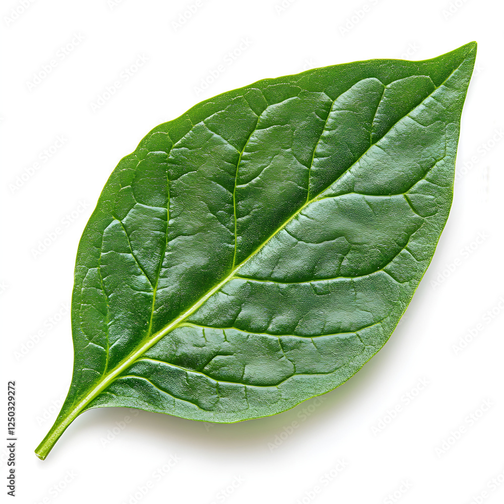 Poster fresh green leaf isolated on white background with textured surface showing natural patterns and vib