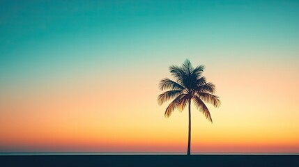 Minimalist design: a lone palm tree silhouetted against a soft gradient horizon, evoking tropical and summer vibes.
