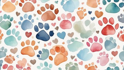 Fototapeta premium Watercolor paw print and heart pattern in pastel colors