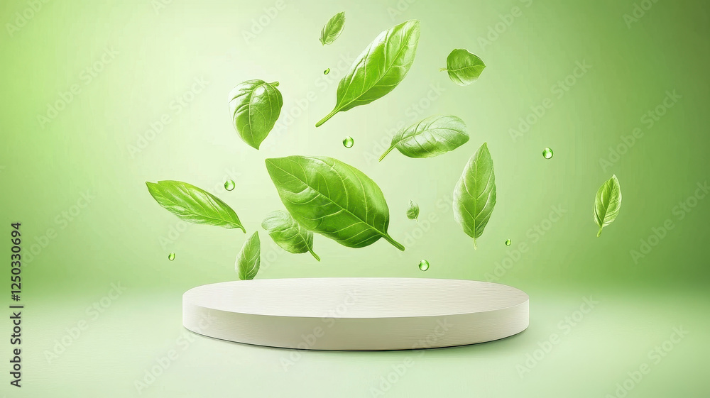 Poster fresh basil leaves floating above minimalist podium, creating vibrant and refreshing atmosphere