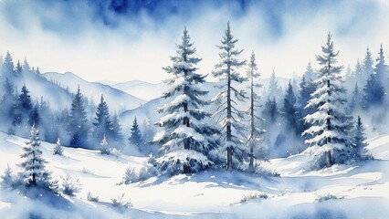 Fototapeta premium Snow-covered pine trees in a winter mountain landscape, watercolor 