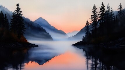 Serene twilight landscape with misty mountains and reflective lake at dusk, evoking tranquility