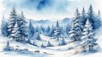 Fototapeta premium Winter landscape with snow-covered pine trees in watercolor style