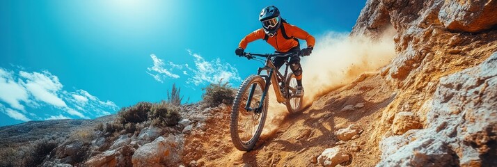 Extreme Mountain Biking Adventure: Thrilling Descent on Dusty Trail