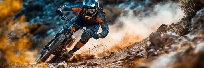 Downhill Mountain Biking Action Shot: Adrenaline Rush on Dusty Trail