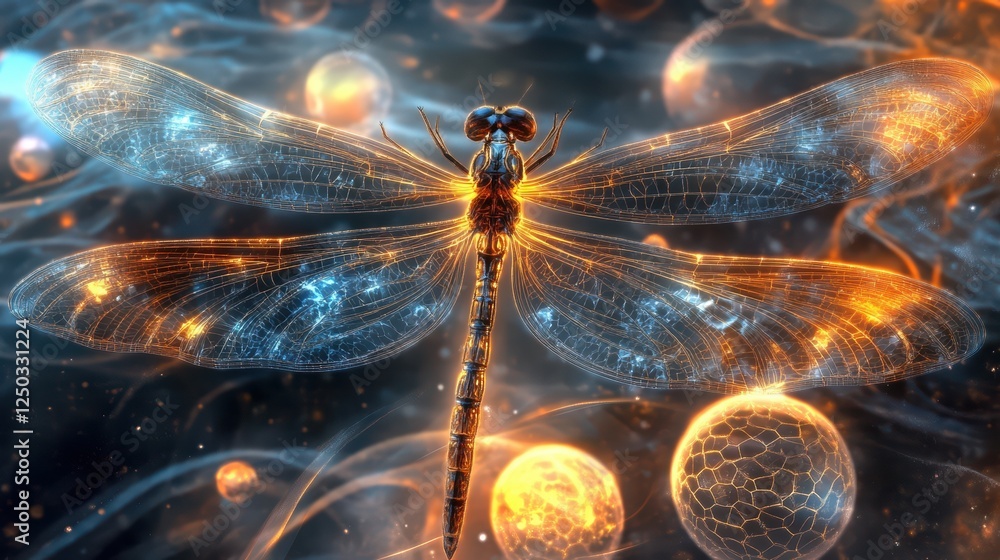 Poster a luminous dragonfly with intricate wings hovering amidst glowing cosmic orbs in a surreal backgroun