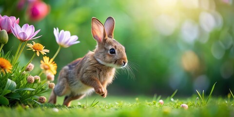 Fototapeta premium Adorable Bunny Hops Near a Blooming Flower , animal, garden, animal