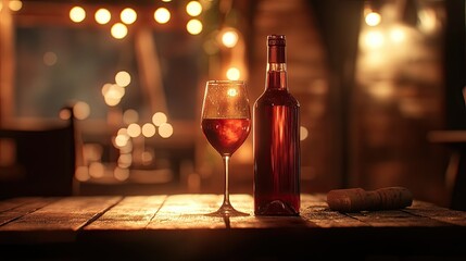 Red wine bottle and glass with a warm glow, sitting on a wooden table, featuring dim, blurred restaurant lighting.