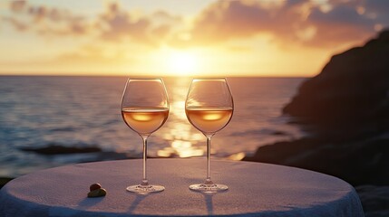 Romantic beach dinner: two glasses of ros wine on a table with a breathtaking ocean sunset as the backdrop.